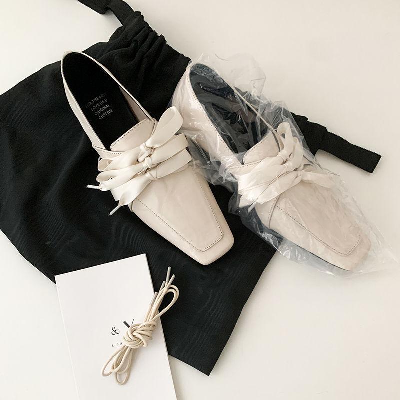 Spot second hair! Retro square head lace-up loafers one pedal bow ballet single shoes low heel small leather shoes women