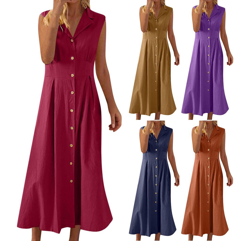 Lightweight Cotton Linen Dress For Women Summer Button Down Lapel Collar Casual Sleeveless Dresses