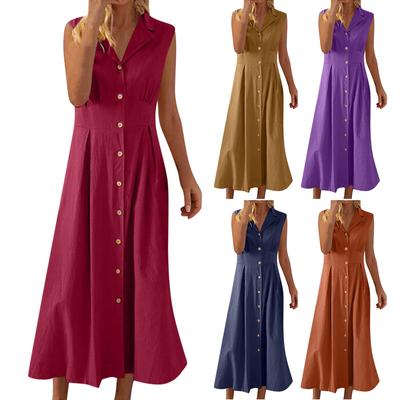 Leichtes Baumwoll-Leinen-Kleid für Damen, Sommer, Button-Down-Reverskragen, lässige ärmellose Kleider