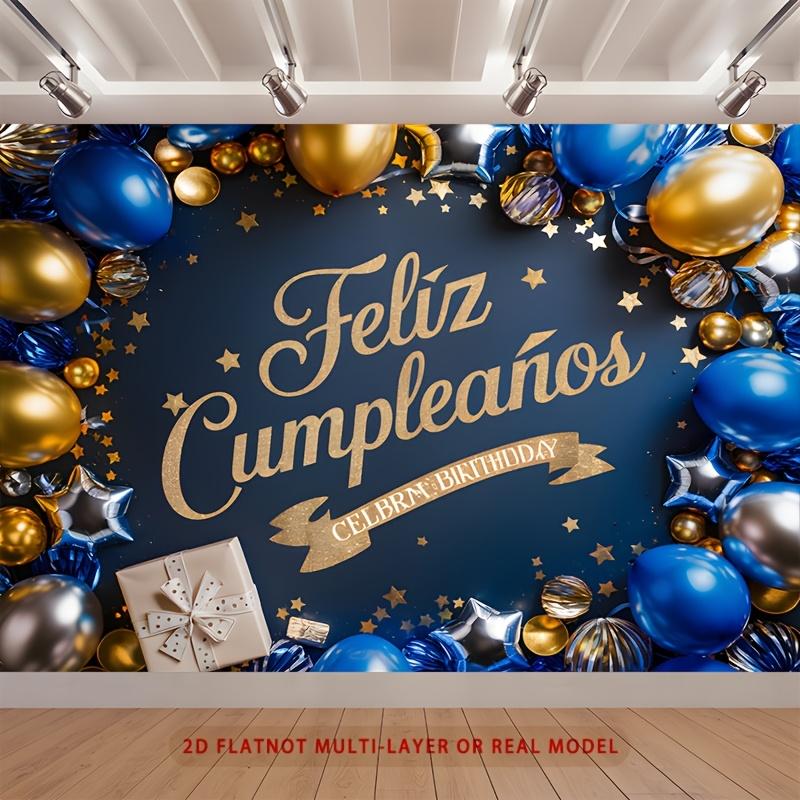 2D flach, 1-teiliges spanisches Happy Birthday Party-Banner mit goldenen und blauen Luftballons, Sternen und Geschenkboxen für die Familie,