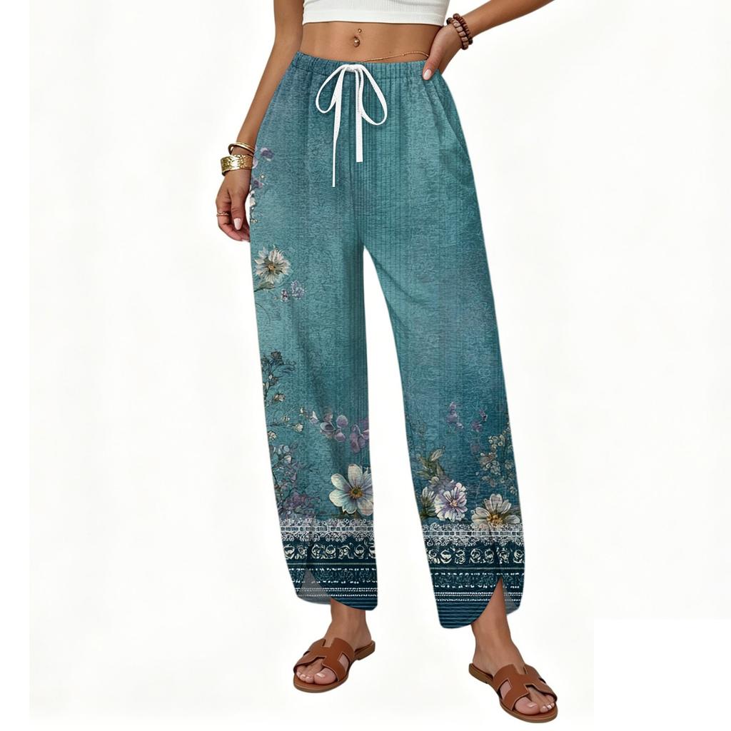 Women's Casual Straight Leg Wide Leg Drawstring Print Pants
