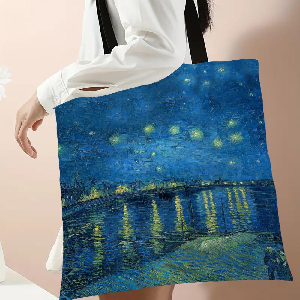 Van Gogh Series Linen Bag Oil Painting Starry Night Flower Handbag Light Weight Shoulder Bag High Capacity Eco Shopping Bags