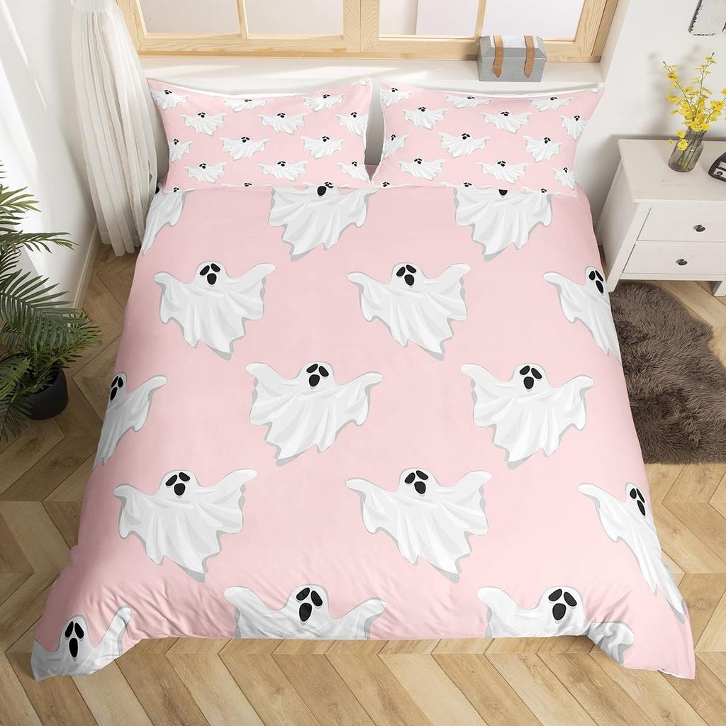 Cartoon Ghost Pink Duvet Cover Cute Black Cat Pet Animal Kitten Quilt Cover Happy Halloween Theme Bedding Set with 2 Pillowcases