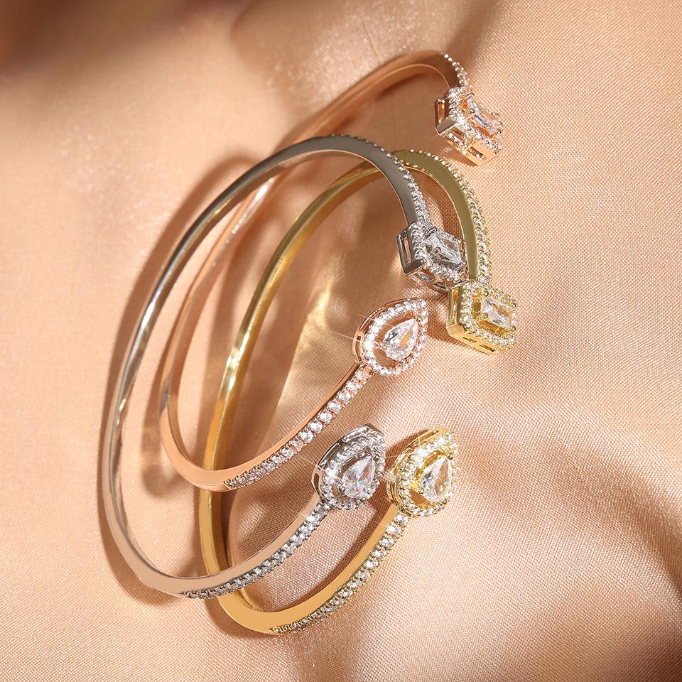 Luxury Geometry Gold Color Cuff Bangles For Women Fashion Cubic Zirconia Bracelets INS Party Everyday Jewlery.