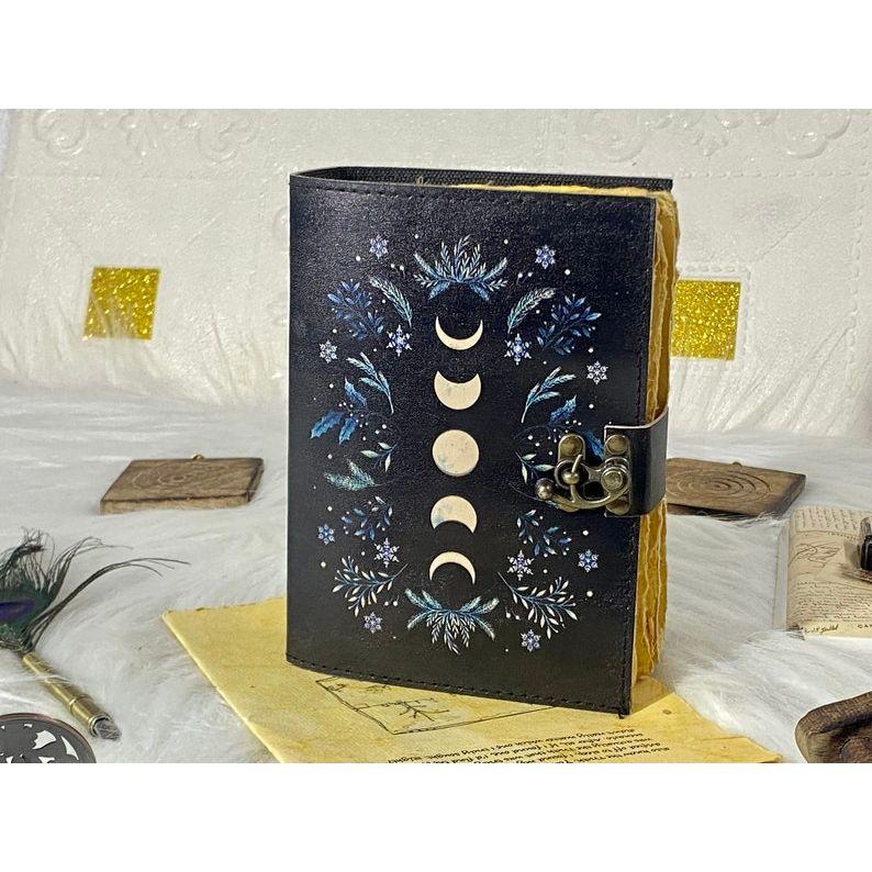 Moon Phases Vintage Leather Journal for Men & Women  of Antique Handmade Deckle Edge Vintage Paper