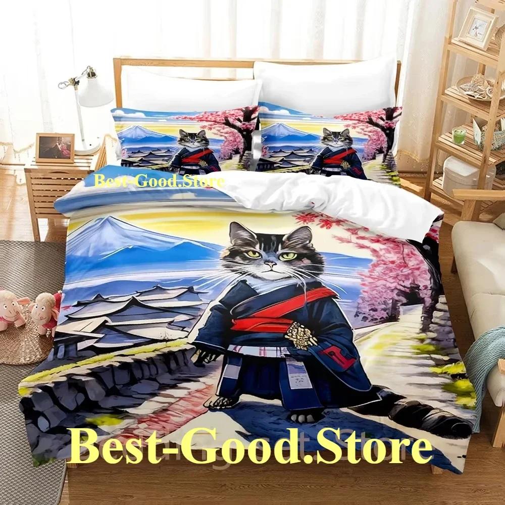 COOL Samurai Cat Bedding Set Duvet Cover Full Queen King Size Pillowcase Bed Printed Bed Set Aldult Kid Bedroom Single Twin