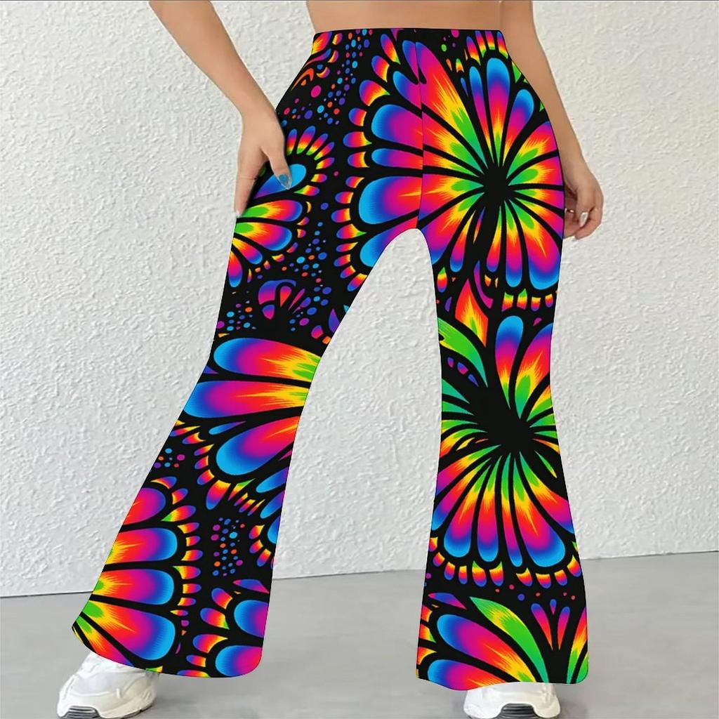 Women's Casual High Waist Flare Pants, Geometric Print Streetwear Bell Bottom Trousers