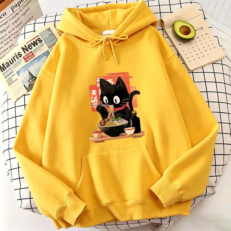 Funny Black Ramen Cat Japanese Anime Style Design Printed Hoodie Fleece Sweatshirt Soft Graphic Pullover Casual Clothes