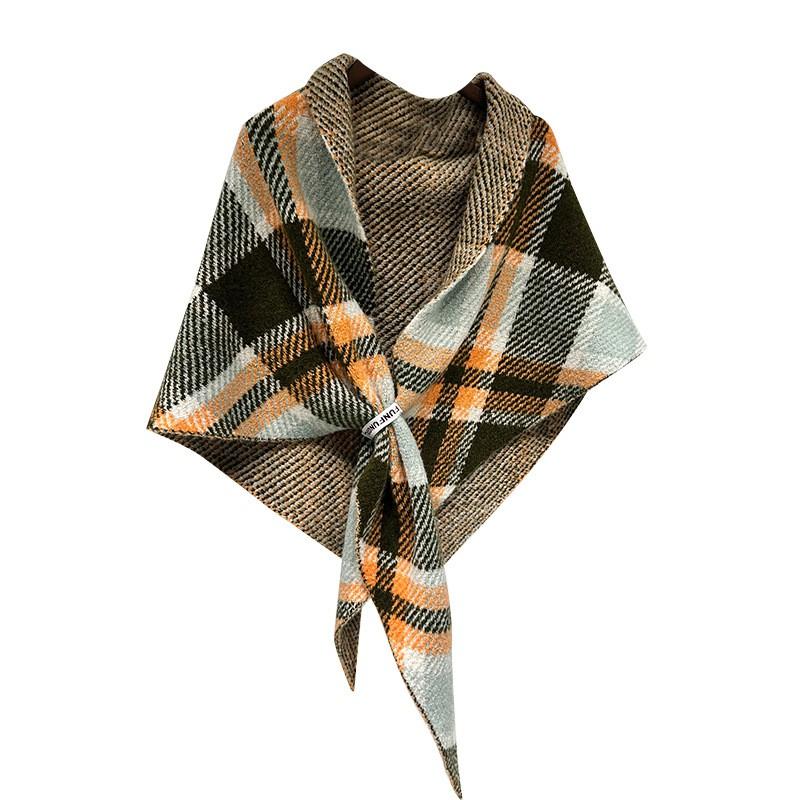 Womens Wool Blend Plaid Shawl Scarf With Color Block Design Warm Knitted Triangle Wrap Winter