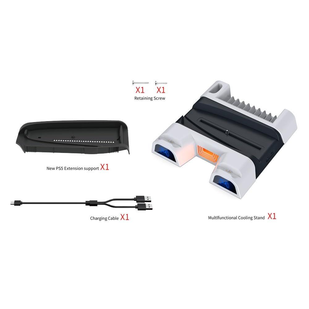 

Универсальная охлаждающая подставка с двойной зарядной базой для PS5/PS5 Slim Dock с 3-уровневым вентилятором охлаждения, слотом для 10 игровых дисков и слотом для удаленного хранения медиафайлов 26.8*27.7*5.2cm белый