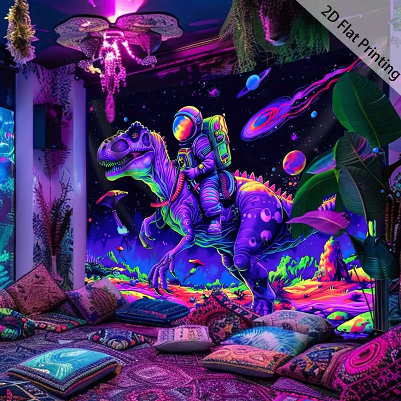 

2D Glow in The Dark Astronaut Dinosaur Tapestry, Blacklight Outer Space Wall Hanging for Home Decoration 47.2x31.5inch/120*80cm