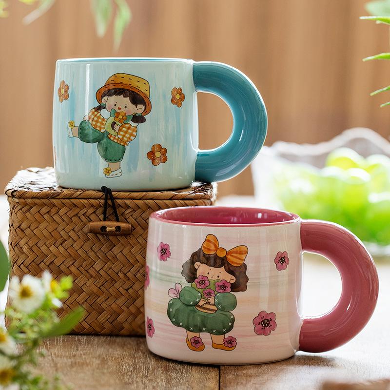 Retro Style Girl Pastoral Style Ceramic Mug Best Friend Drinking Water Breakfast Cup Creative Girl Activity Souvenir