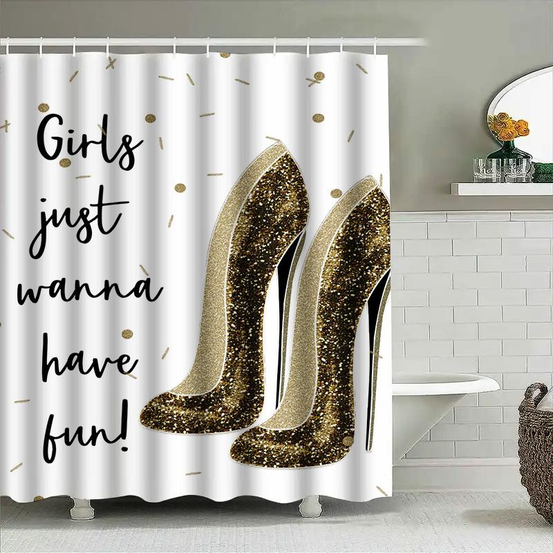 Luxurious Golden High Heel Design Waterproof Shower Curtain For Bathroom Decoration Girls Just Wanna Have Fun
