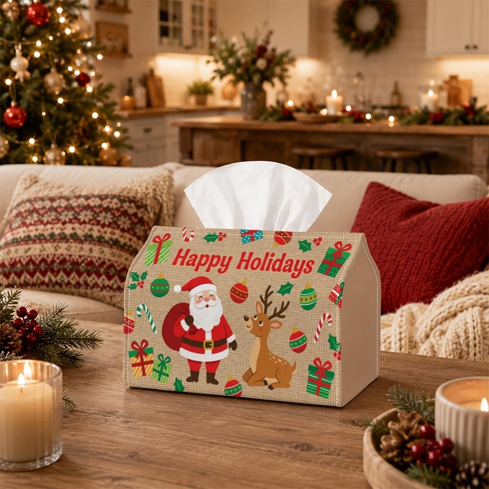 1pc Tissue Box Holder with Christmas Joyful Festive Folk Design-Santa Claus Reindeer Animal,Durable Polyester,Ideal for Kitchen,Living Room,Bedroom,Ba