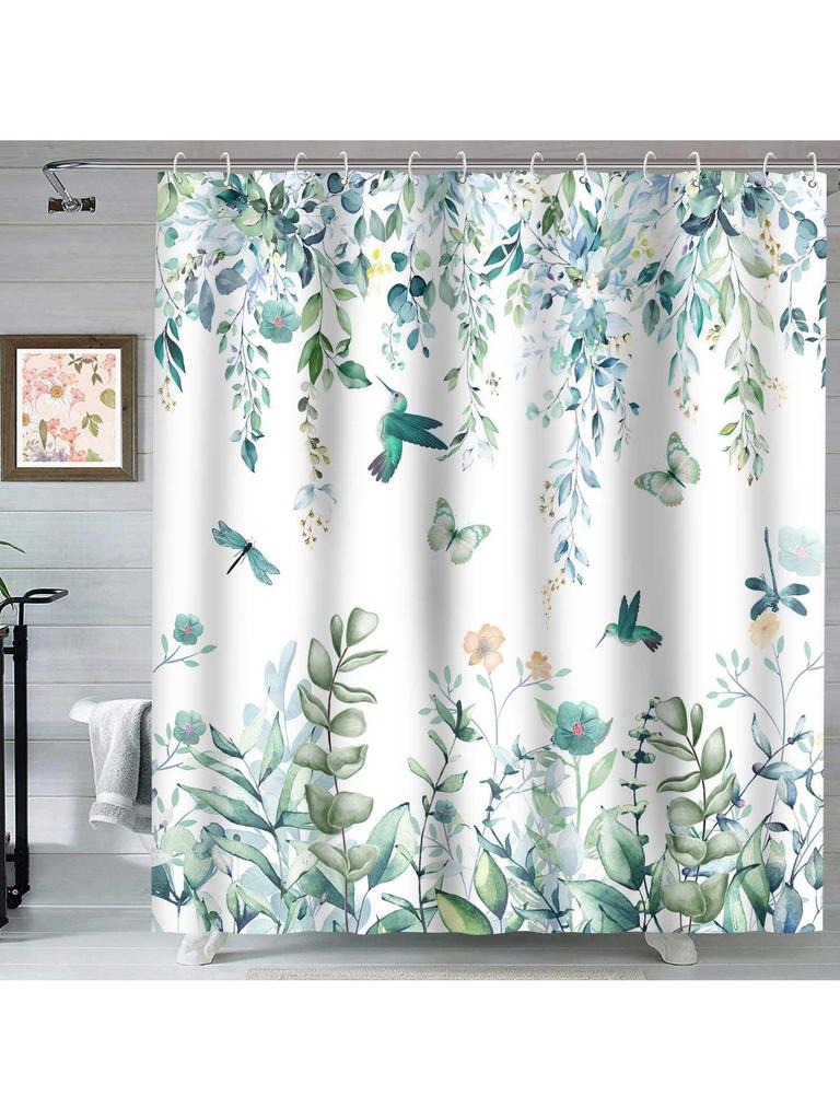 Teal Green Eucalyptus Leaves Shower Curtain for Bathroom Watercolor Floral Flower Bird Shower Curtains Hummingbird Butterfly
