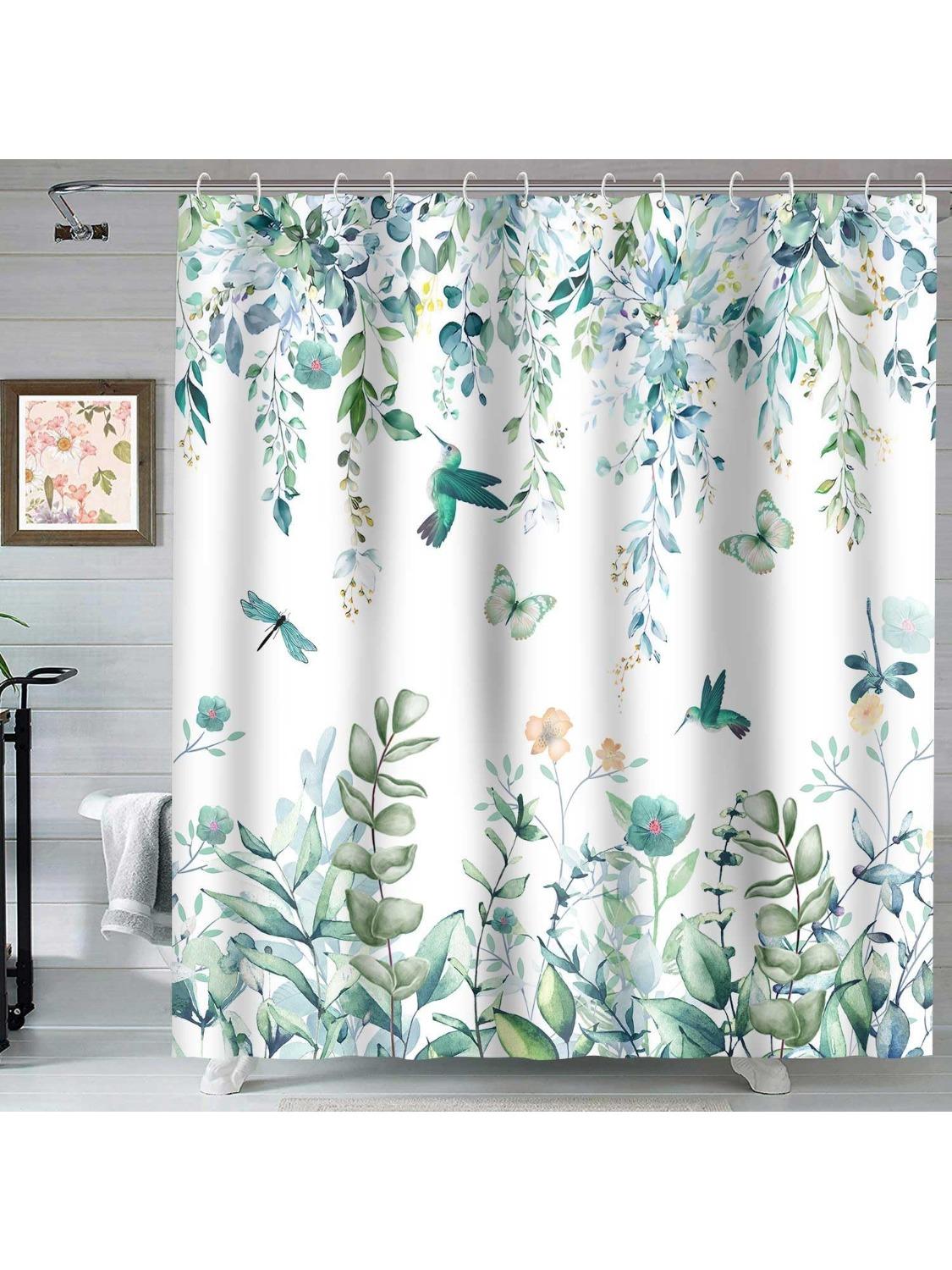 Teal Green Eucalyptus Leaves Shower Curtain for Bathroom Watercolor Floral Flower Bird Shower Curtains Hummingbird Butterfly 90x180CM