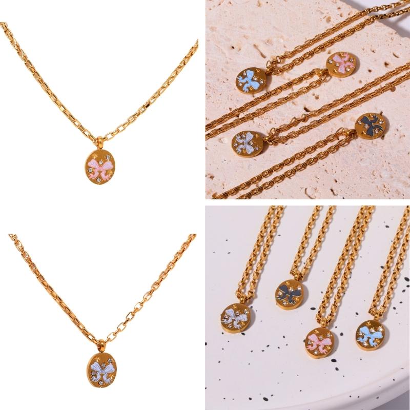 Fashion Painted Bowknot Pendant Necklace Adjustable Choker Exquisite Collar Necklace Party Jewelry Clavicle Chain