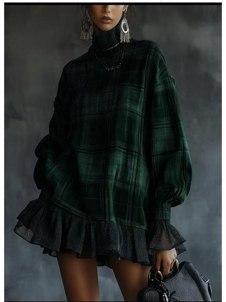 Spring 2025 Women's Plaid Suit Dress with Ruffle Skirt - European & American Style