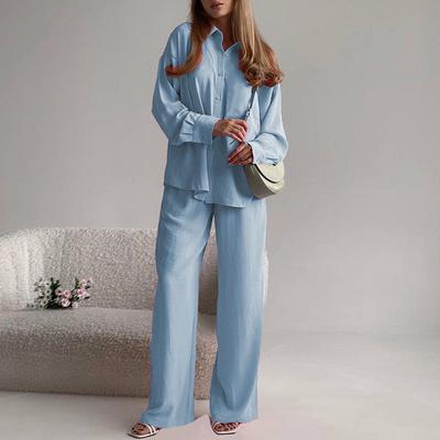 Moda Feminina Casual Estampa Lisa Manga Longa Gola Polo Calças de Cintura Alta Conjuntos de Calça