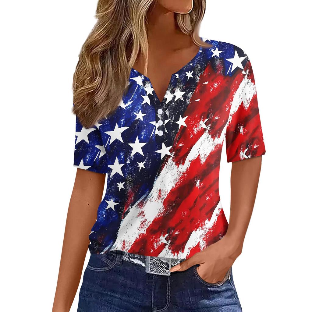 Women's T Shirt Independence Day Print Button Short Sleeve Daily Weekend Fashion Basic V- Neck Regular Top