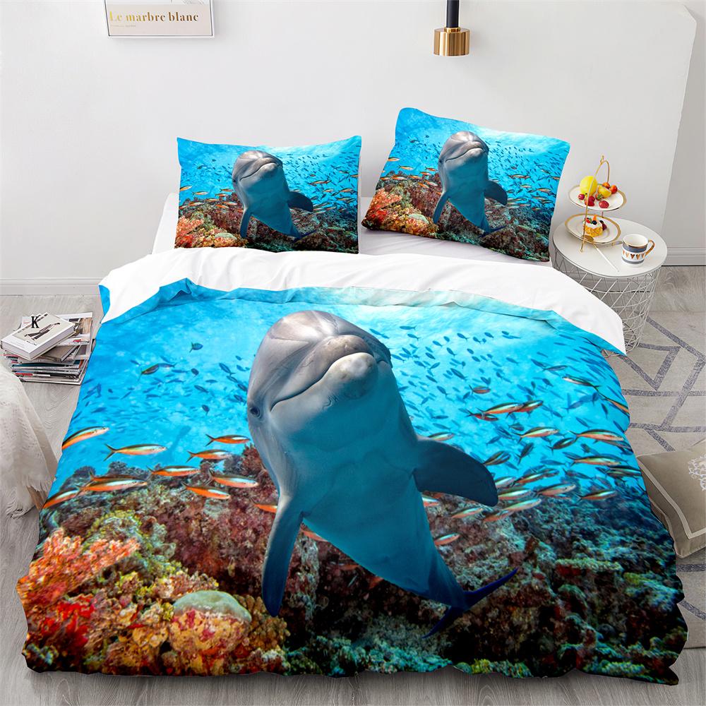 Dolphin Duvet Cover King Queen Size Lovely Sea Life Bedding Set For Kids Boy Girl Cute Ocean Animal 2/3pcs Polyester Quilt Cover