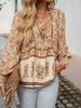 Spring/Summer 2025 Bohemian V-Neck Tie Long Sleeve Print Top for Women.