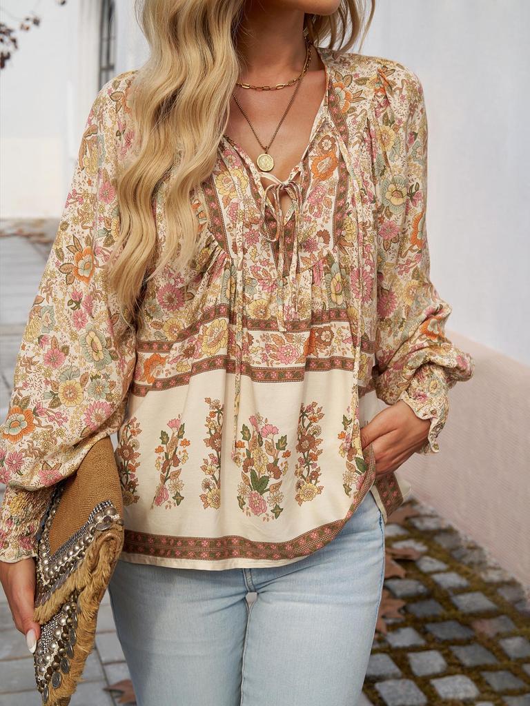 Spring/Summer 2025 Bohemian V-Neck Tie Long Sleeve Print Top for Women.