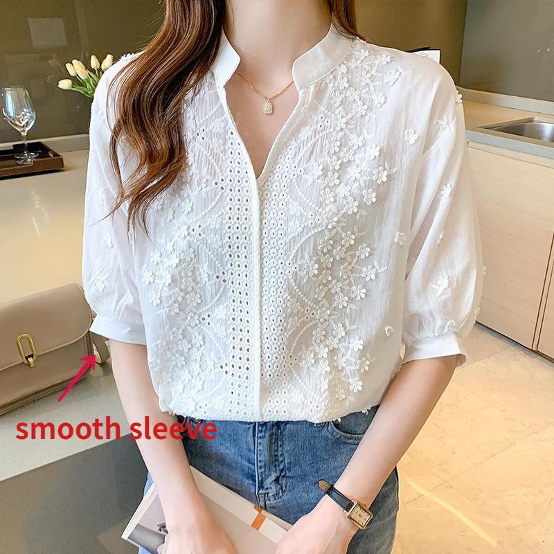 

Летняя белая блузка женская базовая рубашка с v-образным вырезом и 3d вышивкой из жаккардового кружева и пузырьковыми рукавами L