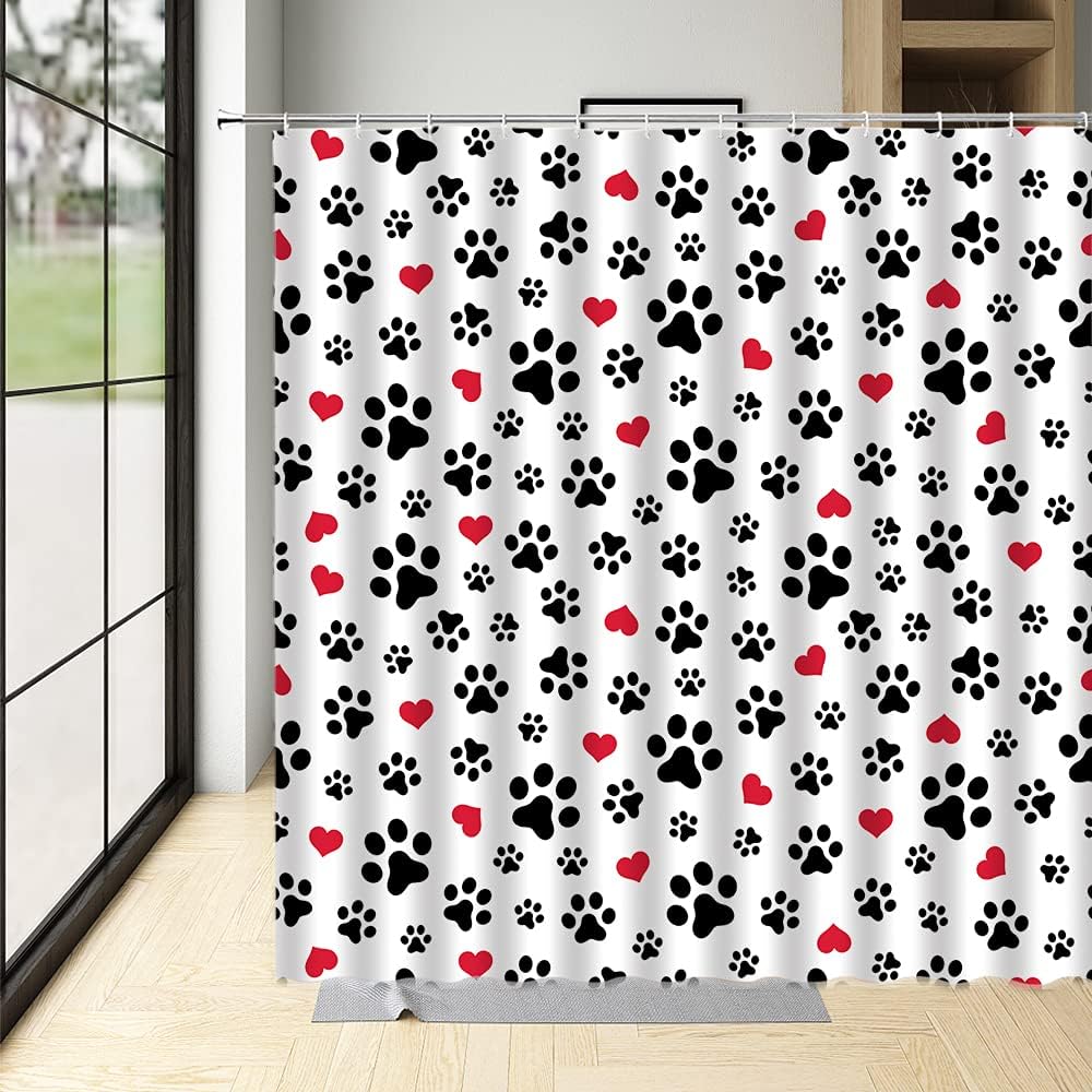 Dog Paw Print Shower Curtain Pet Lovers Cute Kitten Cat Footprint Red Love Heart Abstract Geometric Drawing Style Animal Decor Boys Girls Polyester