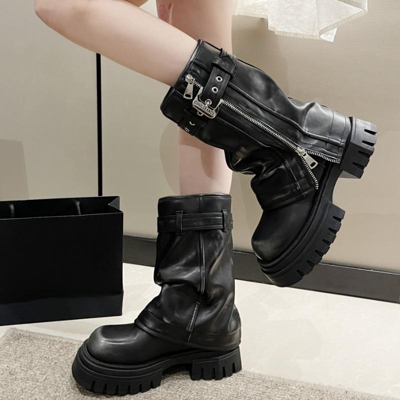 Women's Shoes 2024 Mid-Calf Women's Boots Novelty Modern Boots Women Round Toe Belt Buckle Side Zip Square Heel Shoes Ladies