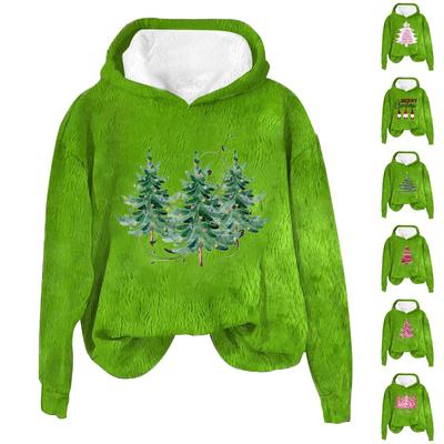 Women's Fashion Casual Long Sleeve Christmas Printed Flannel Top Hooded Sweatshirt