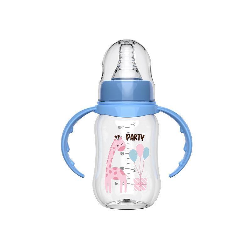 Baby Feeding Bottle with Handles and Measurement Markings BPA Free Soft Silicone Nipple Wide Neck Design Easy To Clean Durable Plastic Material