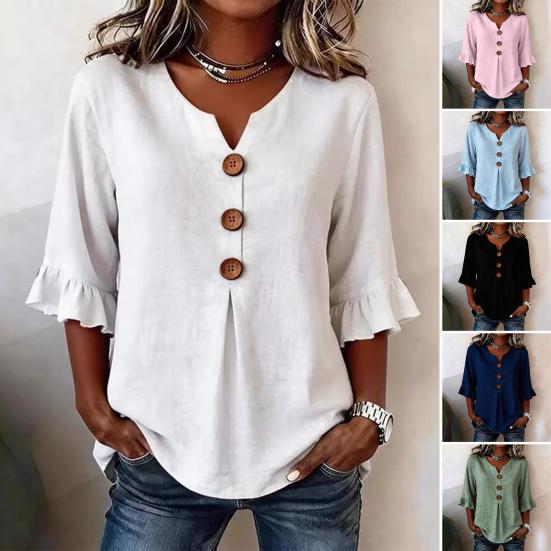 Women Shirt Stand-Up Collar V-Neck Buttons Decor Half Sleeve Ruffle Cuffs Pullover Tops Pure Color Loose Fit Summer Tops