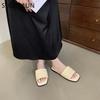 Fashion SUOJIALUN Summer New Brand Women Slipper Fashion Square Toe Open Toe Slip On Slides Soft Flat Heel Ladies Vaction Outdoor Shoes