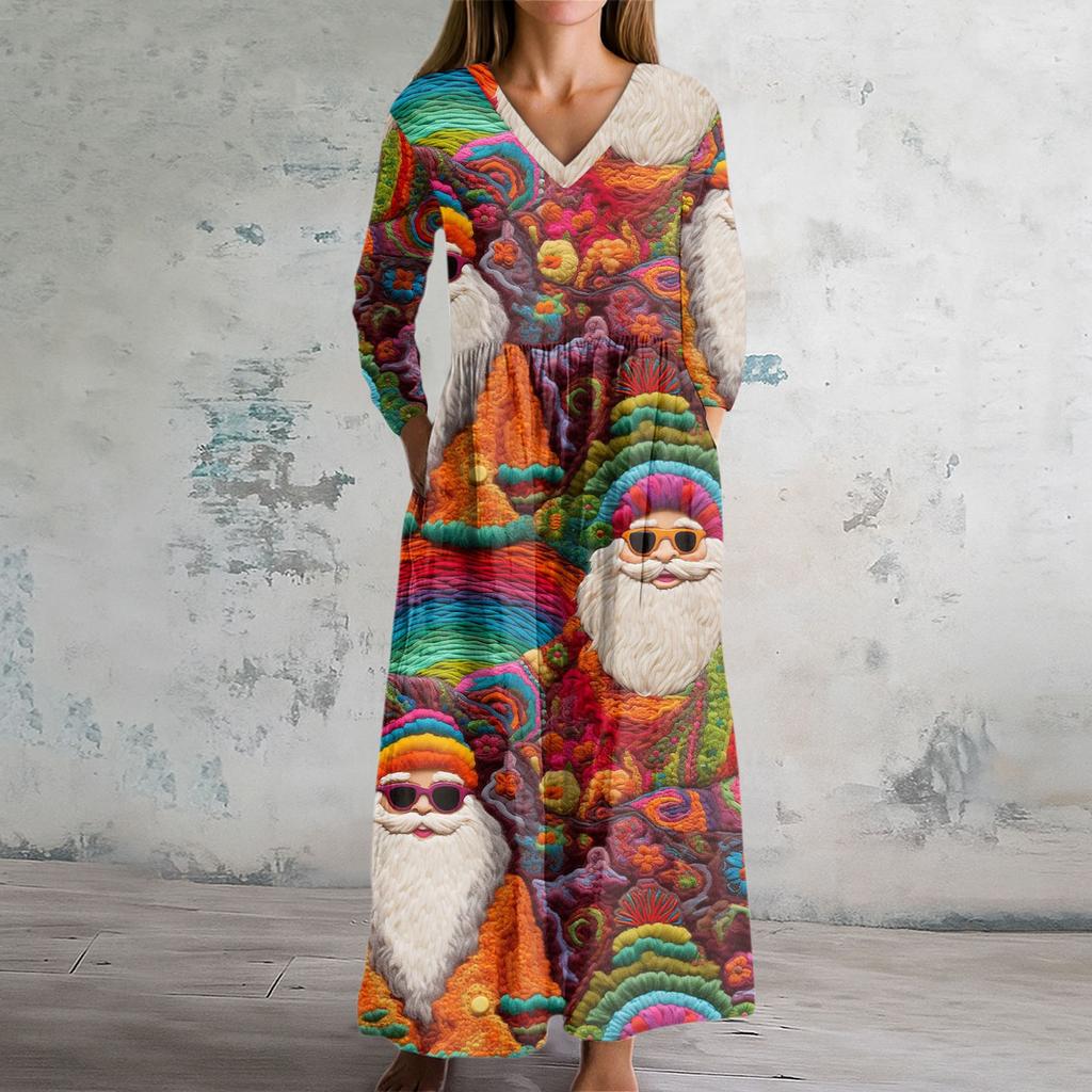 Damska Sukienka Modowa Wiosenna Sukienka z Dekoltem V i Długim Rękawem