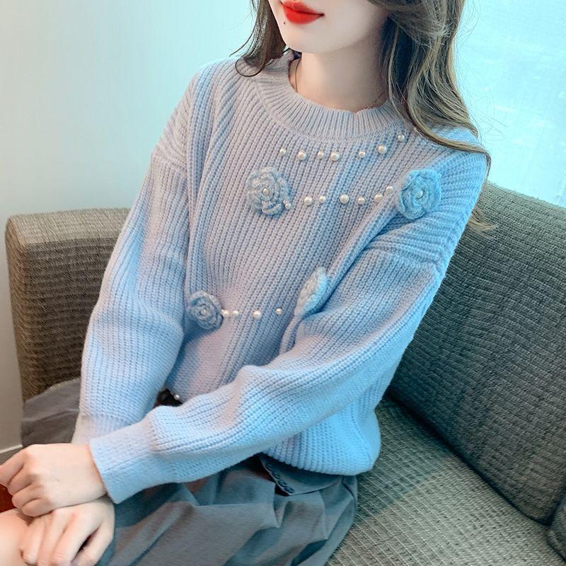 WTEMPO Women's Long Sleeve Round Neck Sweater Fashion Flower Knitwear Girl Soft Comfortable Knitting Tops Sweaters