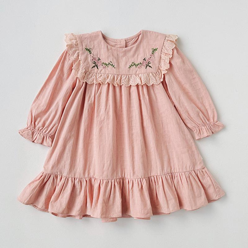 Autumn 2026 Retro Embroidered Girls' Long Sleeve Dress with Lace Trim