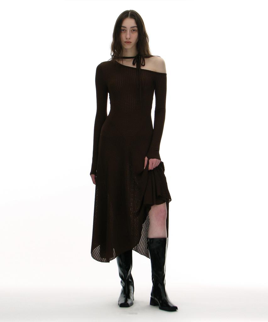 Partimento Woman Jacquard Tie-Neck Midi Dress_Brown
