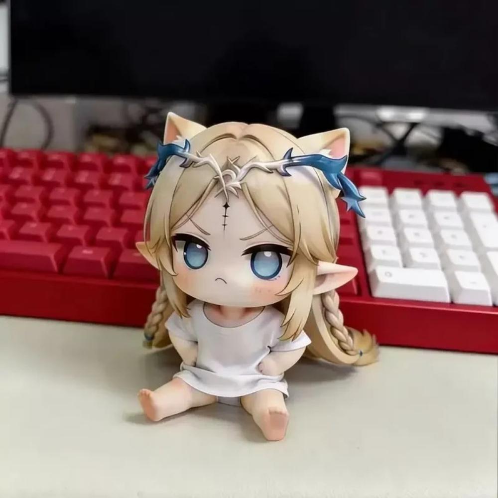 Kawaii Kal Tsit Elf Girl Figure with Cat Ears Twin Braids Sitting PVC Collectible Desktop Ornament Toy