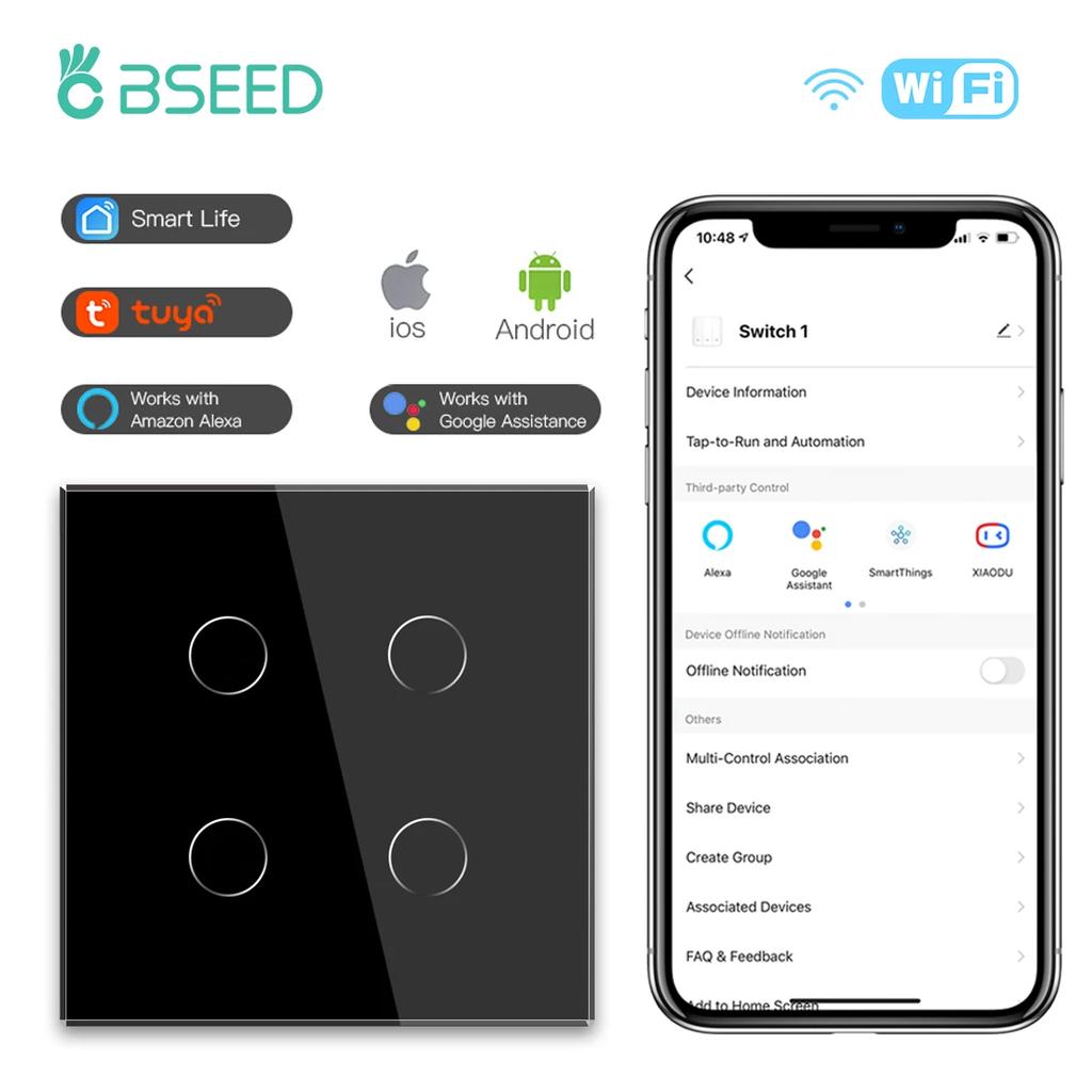 BSEED Wifi 1/2/3Gang Wall Light Switches Touch Panels Tuya Smart Life App Control With EU Power Sockets 20W USBC Charging Ports