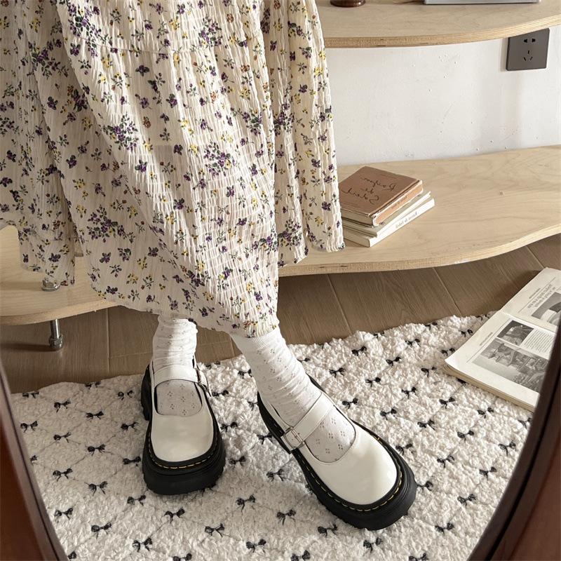 Black French Thick Heel Platform Small Leather Shoes Spring and Autumn Round Head Shallow Mouth Mary Jane Single Shoes