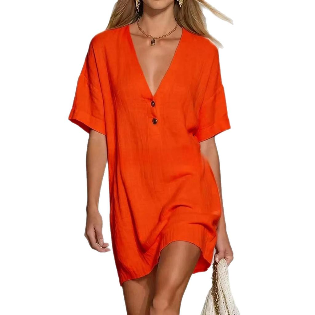 2026 Europeisk & Amerikansk Stil Dam V-ringad Bomulls-Linne Lös Sommarklänning