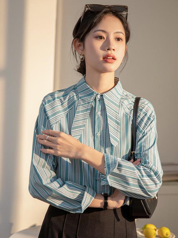 

Women s Striped Ruffle Collar Long Sleeve Shirt Jacket M