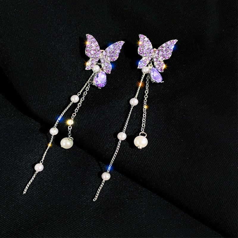 Sweet Butterfly Earrings High Sense Celebrity Style Long Style Pearl Tassels Show Face Thin Crystal Earrings Women's Ornament