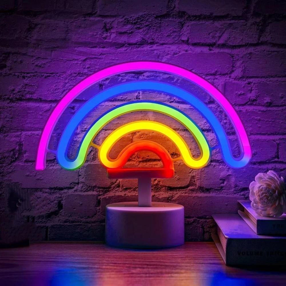 Colorful LED Neon Sign Nightlight with Base 3D Acrylic Desktop Rainbow Night Light Flicker Free Battery USB Dual-use