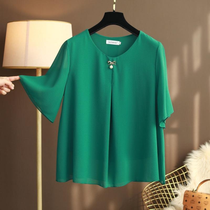 Obesity Women Chiffon Blouses Plus Size 6XL Summer Short Sleeve Loose Solid Shirts Tops Blusa De Talla Grande