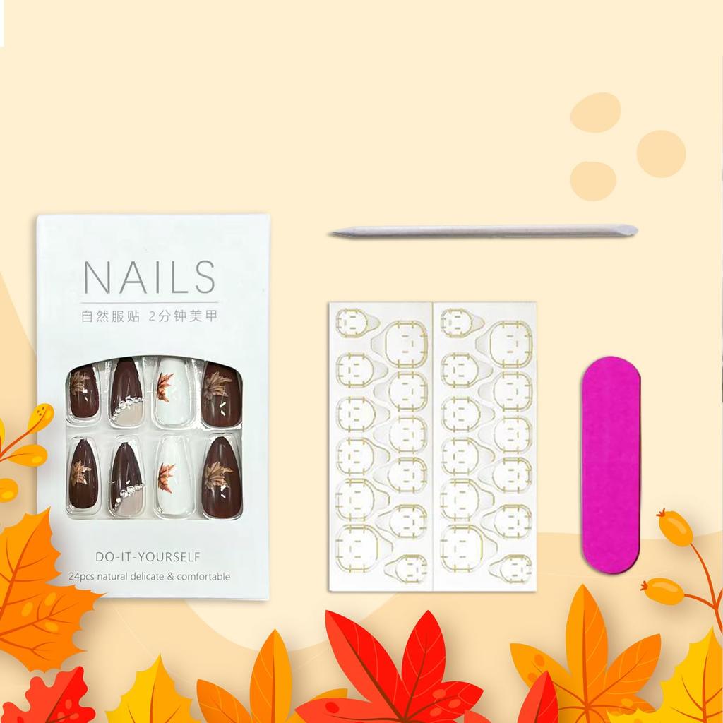 Fall Leaf Press On Nails Thanksgiving Fake Nails with Rhinestones Design Long Almond Autumn Acrylic Nail Glossy Maple Leaves Glue On Nail for Women