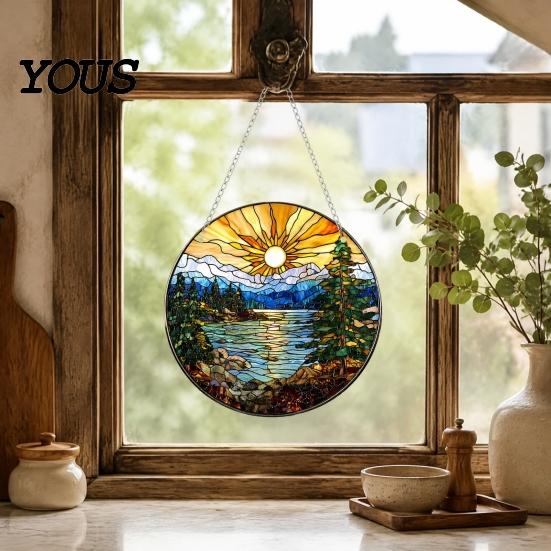 Retro Style Suncatcher Acrylic Scenery/Bird Hanging Ornament, Stained Glass Pendant, Double Sided Indoor Christmas Wall Decor Decoration with
