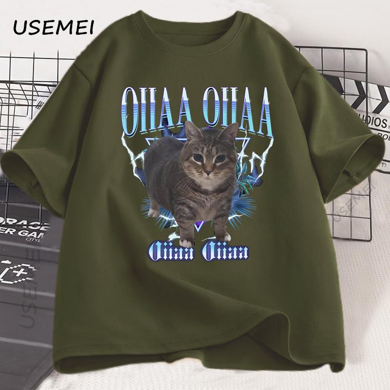 Spinning Cat Meme Funny Oiia Cat T-shirt Men Women Harajuku Round Neck Short Sleeve Tee Shirt Men's Clothing Streetwear Tops