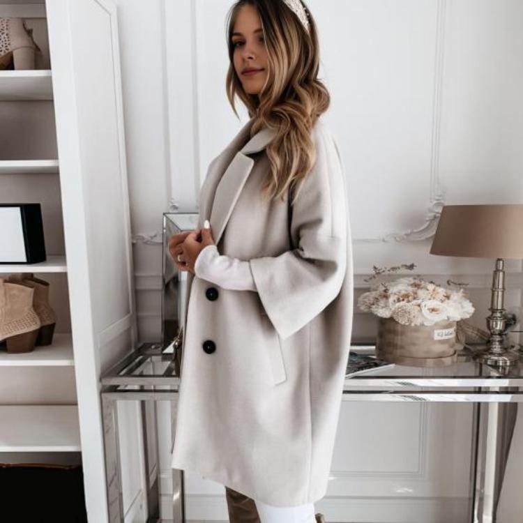 Winter Thermal Overcoat Women Double Breasted Thickened Loose Fit Coat Turn Down Collar Solid Color Pockets Three Quarter Sleeve Commuting Dating